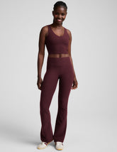 red mid-rise bootcut pant.